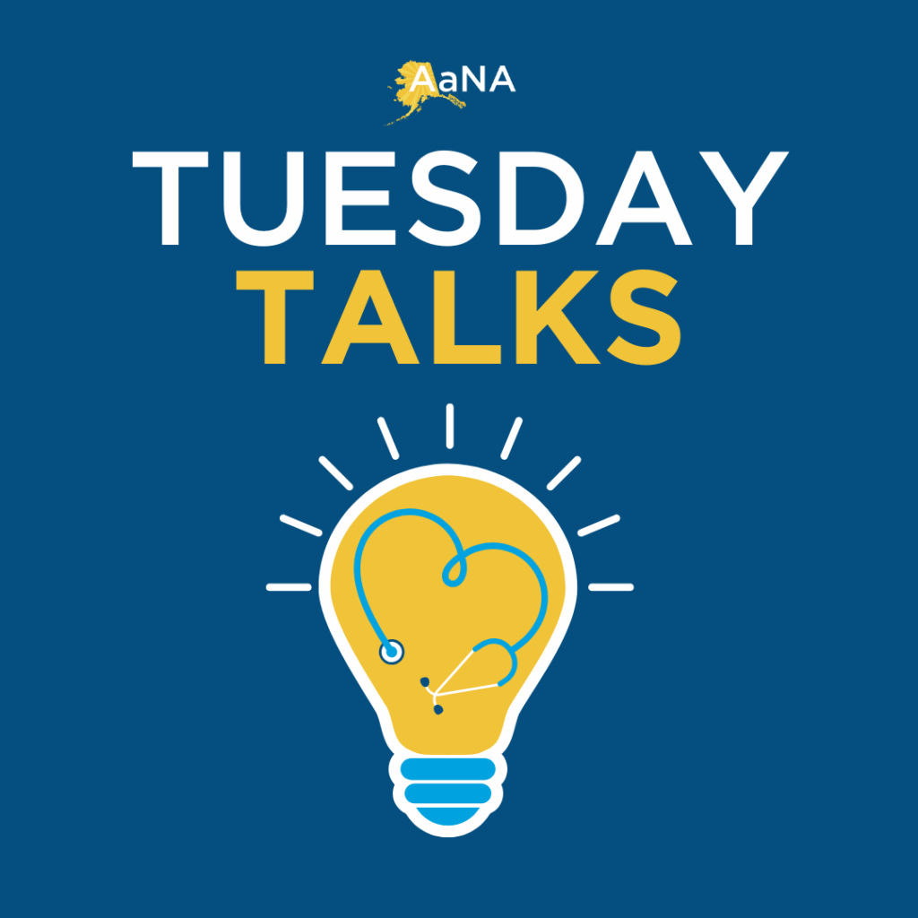 a graphic with a blue background with text that reads 'tuesday talks' and a yellow lightbulb with a stethoscope