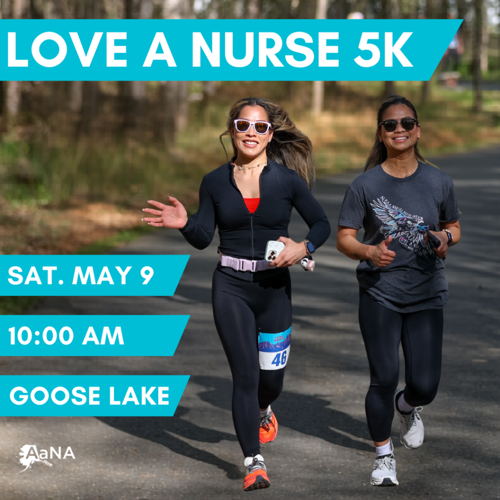 Two women running on a trail with text on the image that reads love a nurse 5k saturday may 9 10 am goose lake
